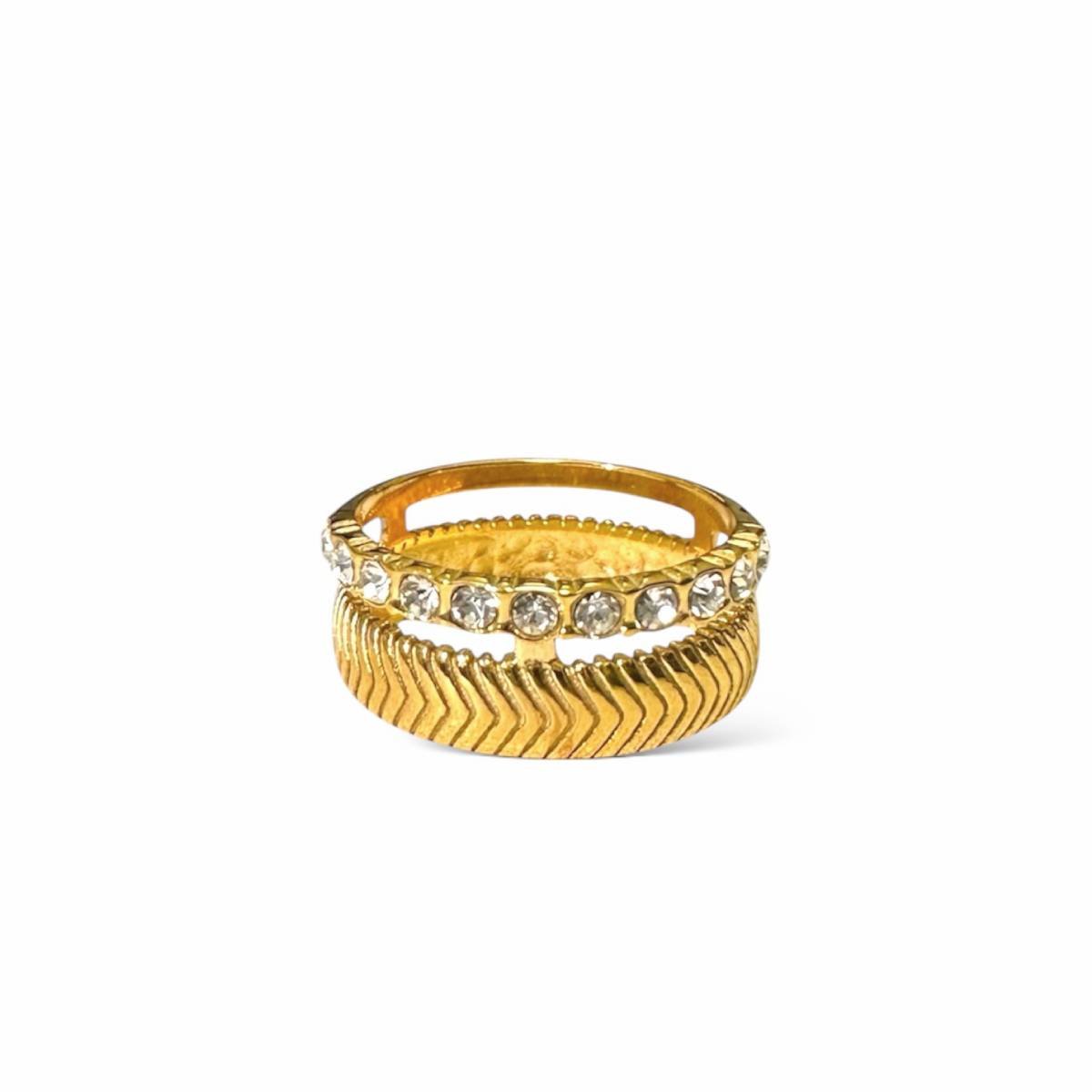 Double Fishbone Rhinestone Ring-18K Gold Plated Stainless Steel