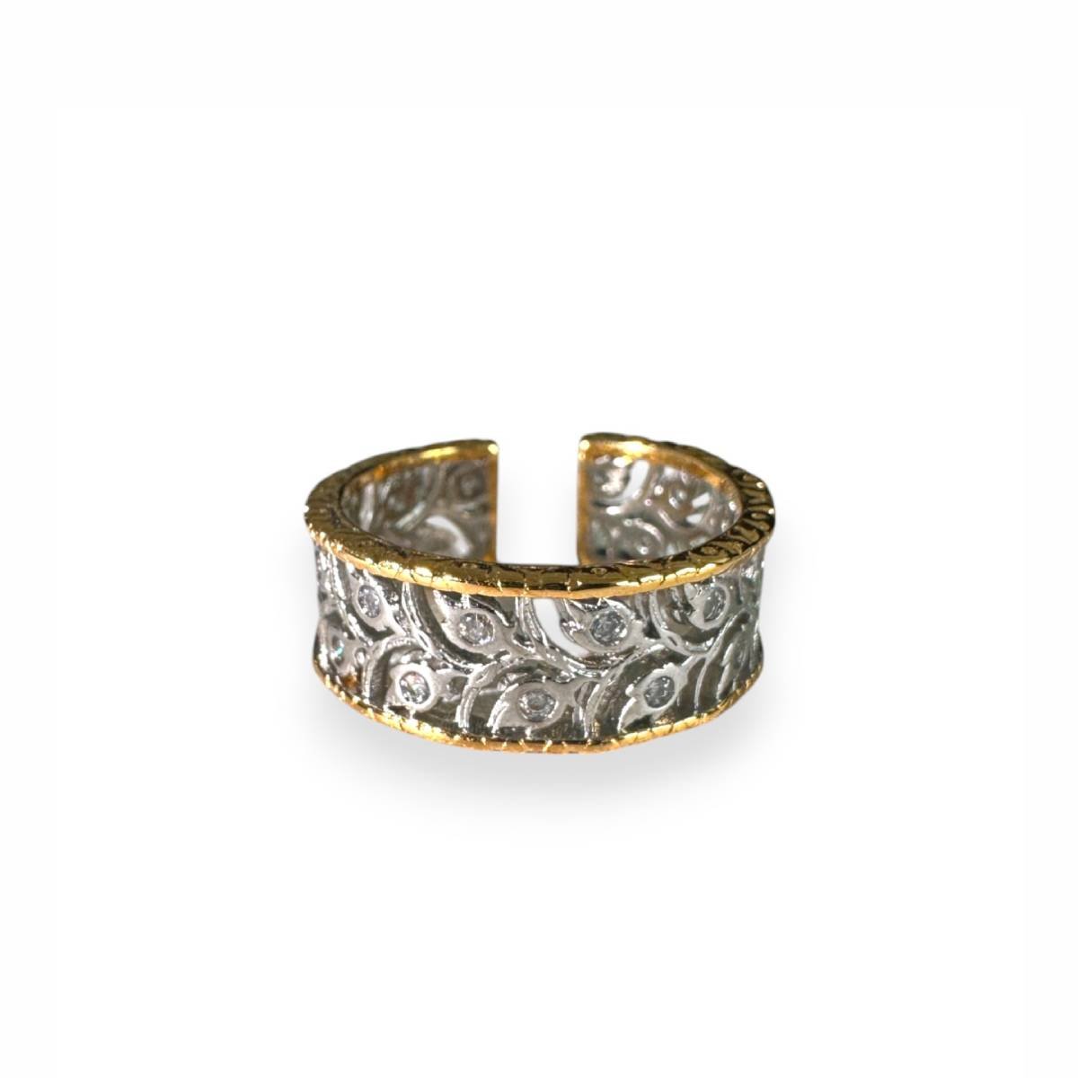 Vintage Carved Leaf Hollowed Out Color Block Ring, Floral Pattern, Adjustable Opening